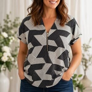 80 Park Black White Geometric Print Liquid Knit Top Size XL Career